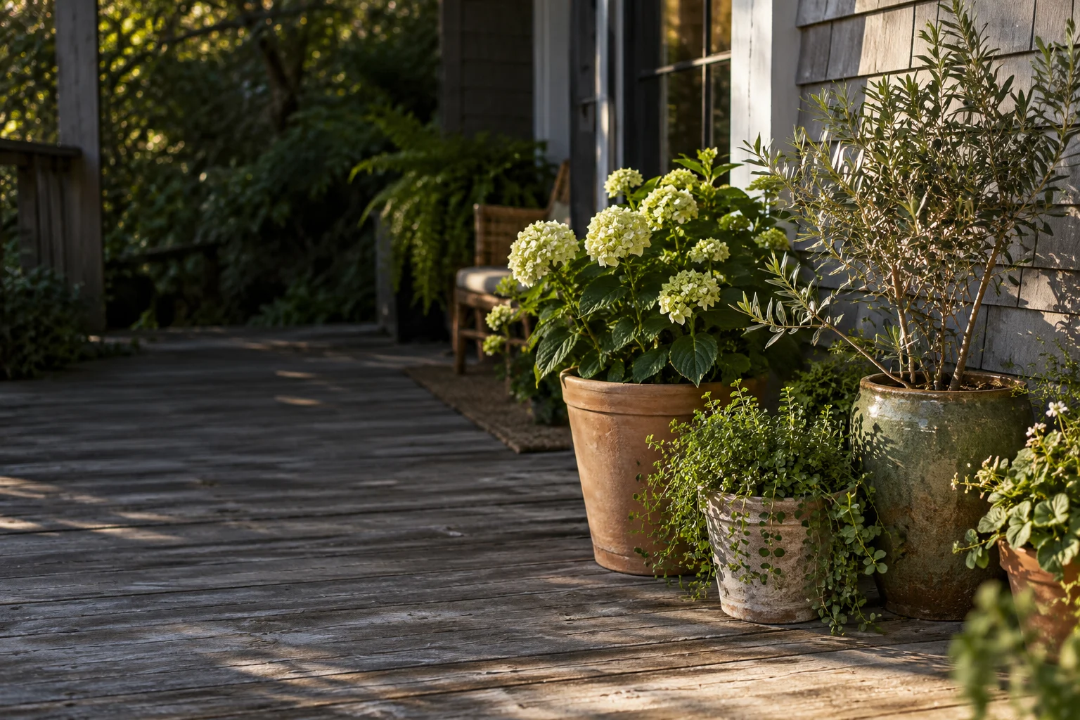A leafy container garden on a weathered wooden porch