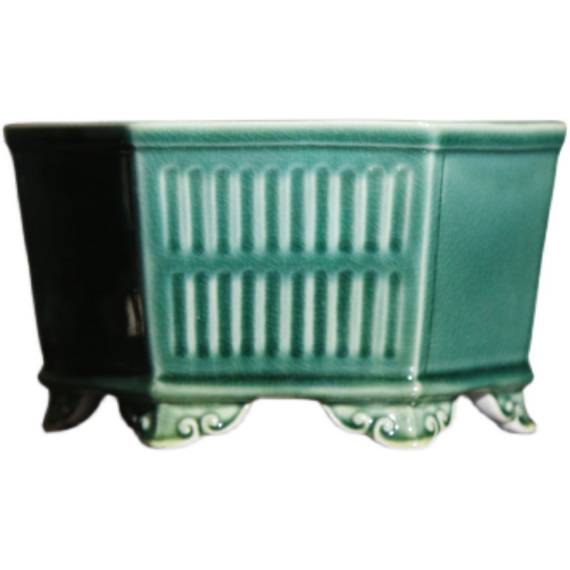 Planter Pot — Ribbed Hexagon in Green Glaze — product view