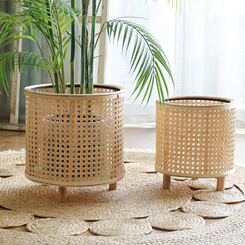 Plant Stand — Woven Basket with Wooden Legs — detail view